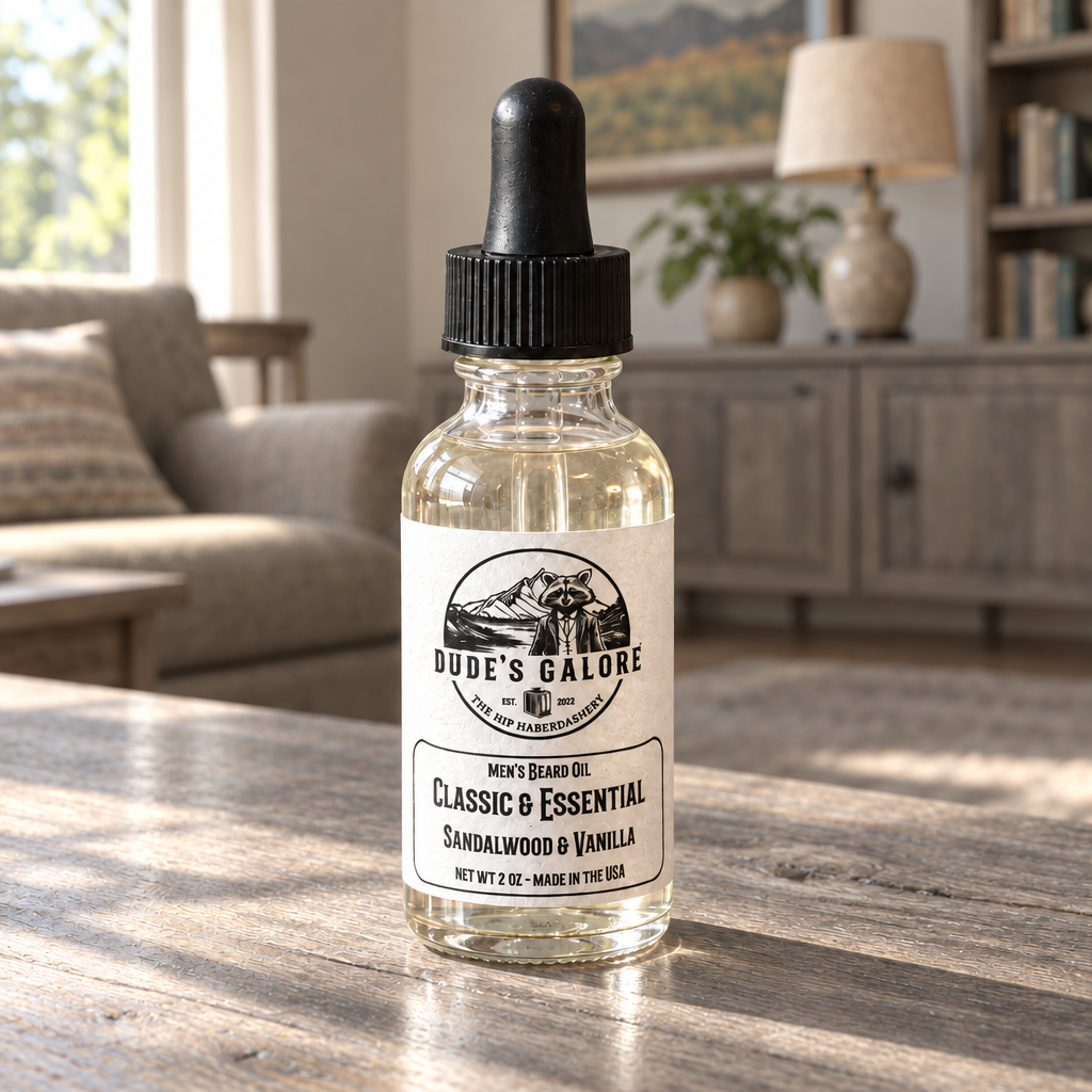 Beard oil in a sunny ranch-style home with gray-toned furniture
