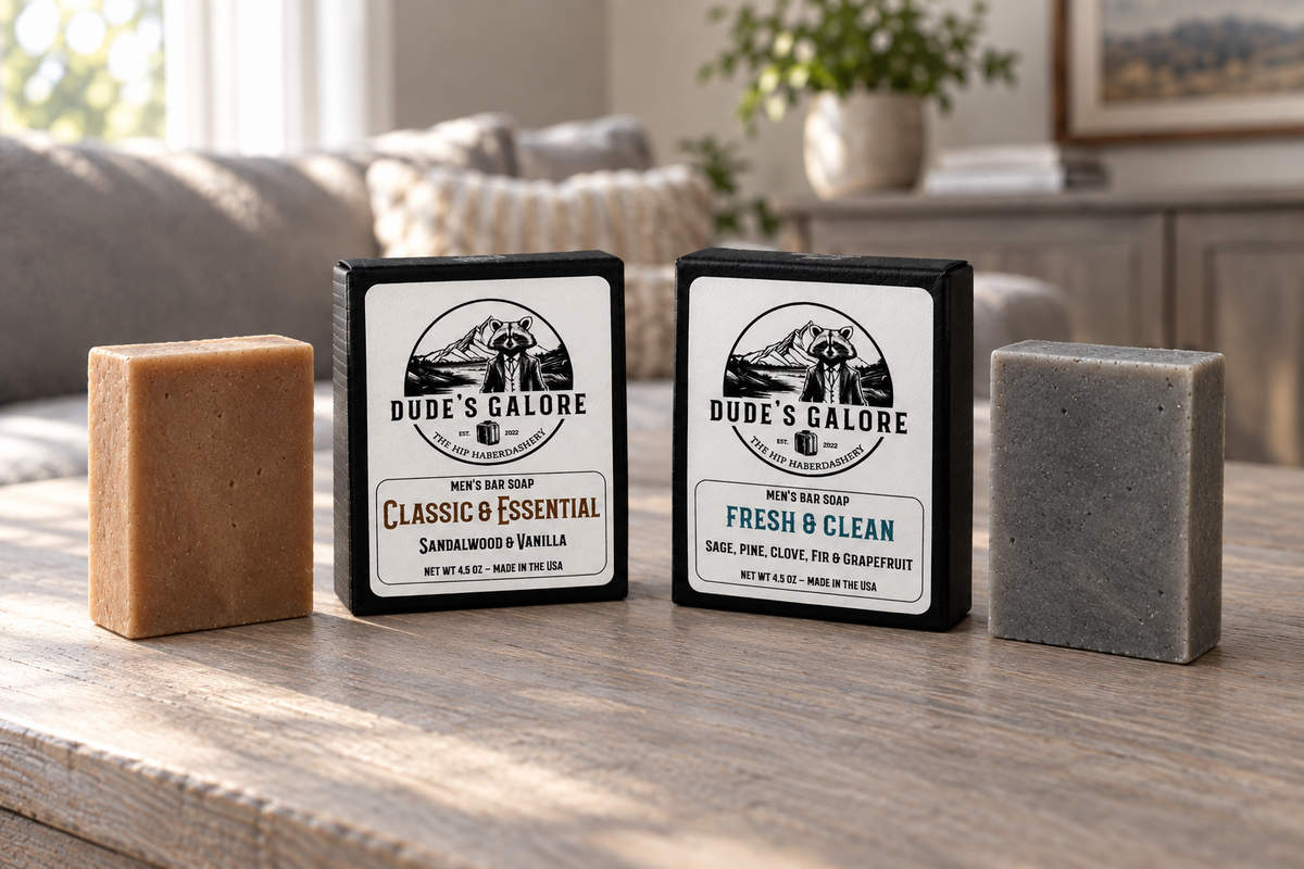 Both Dude’s Galore soaps in a natural home-style product photo
