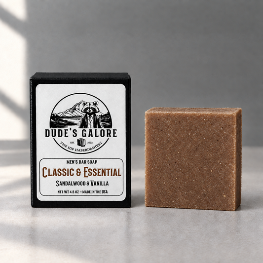 Classic & Essential packaging beside a brown soap bar