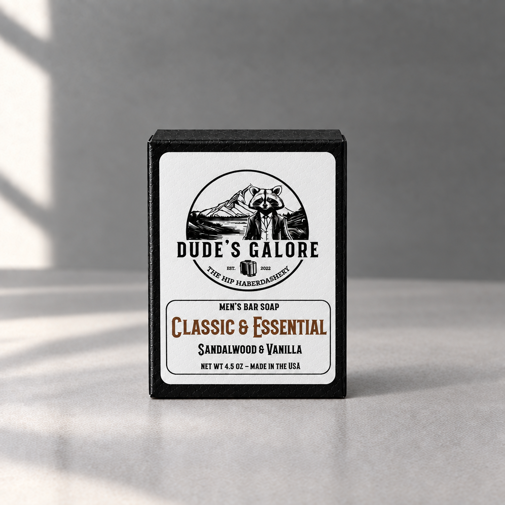 Classic & Essential soap packaging alone on a gray table