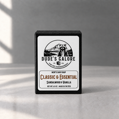Classic & Essential soap packaging alone on a gray table