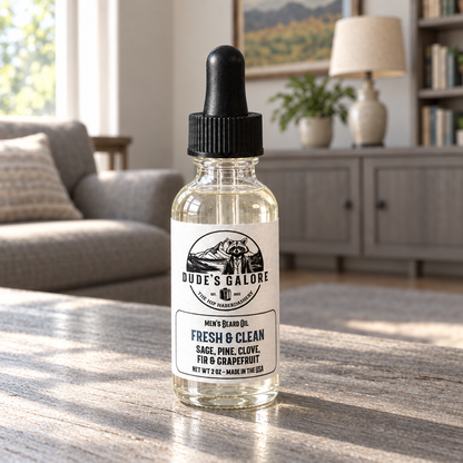 Fresh & Clean beard oil in a sunny ranch-style home