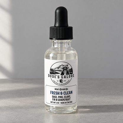 Fresh & Clean beard oil on a gray table in natural light
