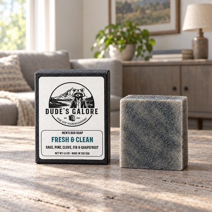 Fresh & Clean soap and packaging in a sunny ranch-style home