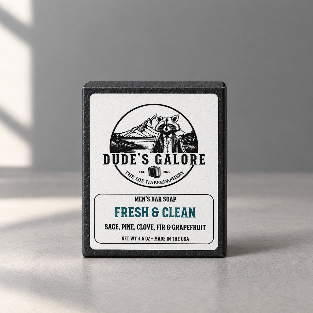 Fresh & Clean soap packaging alone on a gray table
