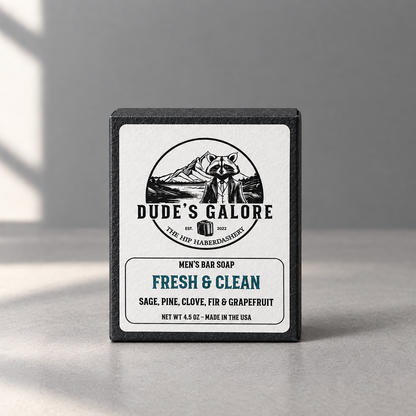 Fresh & Clean soap packaging alone on a gray table